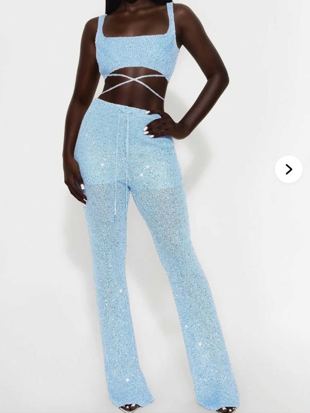 Fashion Nova Sparkle Knit Crop Top & Wide-Leg Pants Set in Baby Blue